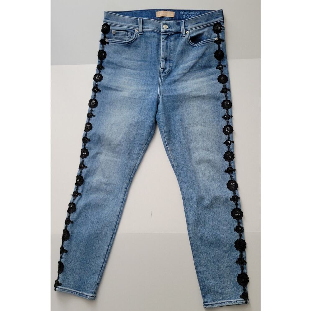 7 For All Mankind High Waist Ankle Skinny Jean Black Sequin Embroidery leg 32/26